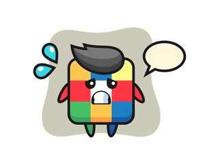 rubik cube mascot character with afraid gesture