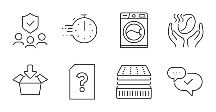 Washing machine, Coffee and Get box icons set. Deluxe mattress, Unknown file and People insurance signs. Vector