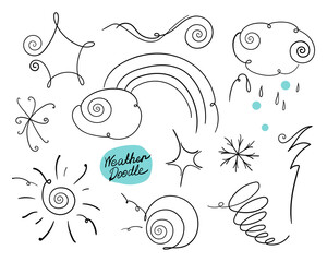 Weather doodle set with sun, moon, rainbow, cloud, twister, wind, lightning, snowflake, star. Hand-drawn, outline, contour graphics in black on a white. Collection of simple vector design elements