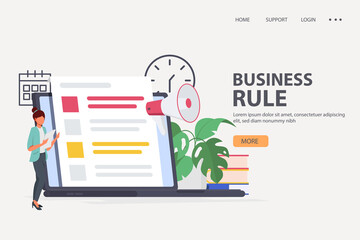 Business rules, main company policy, business regulation, IT business analysis concept. Website homepage header landing web page template