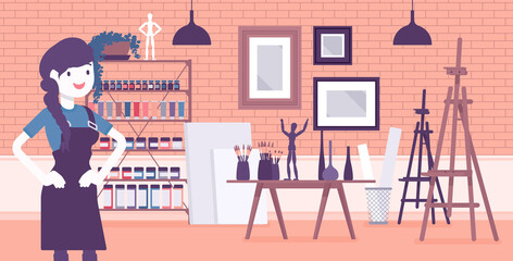 Small scale business-owner, privately owned art store. Woman, successful entrepreneur, individual start up project, supplies for drawing, painting, sculpting. Vector creative stylized illustration