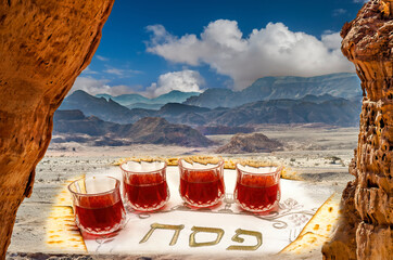 Digitally manipulated concept - Jewish Passover Holiday (Pesah). Matzoh, glasses with red wine and patterns of stone desert are symbols of Jewish  Exodus heritage, translation of letters means Hebrew - 422280619