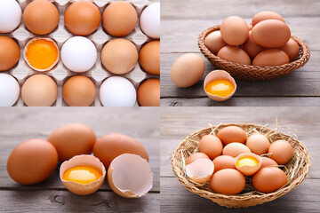 Collage of eggs on grey background. Set of foto with eggs