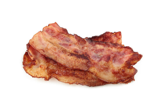 Crispy strips of bacon isolated on white background.