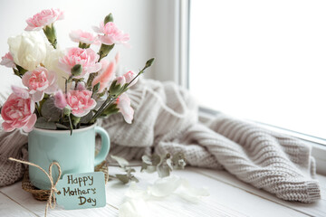 Festive flower arrangement for mother's day with fresh flowers and knitted element copy space.