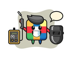 Character mascot of rubik cube as a welder