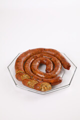 Local Northern Thai food , Northern Thai spicy sausage street food isolated in white background