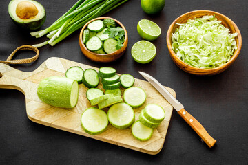 Raw vegetables diet. Green vegetables and fruits - ready to eat