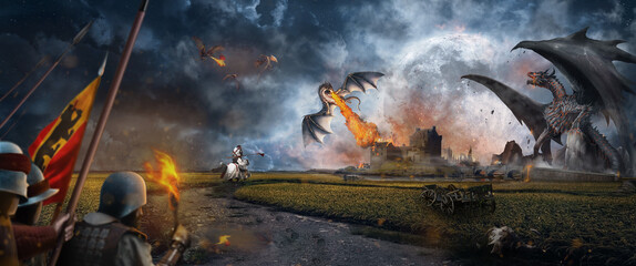 the medieval castle is attacked by dragons and warriors are trying to save the city