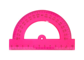 Pink protractor for measuring angle isolated on white background