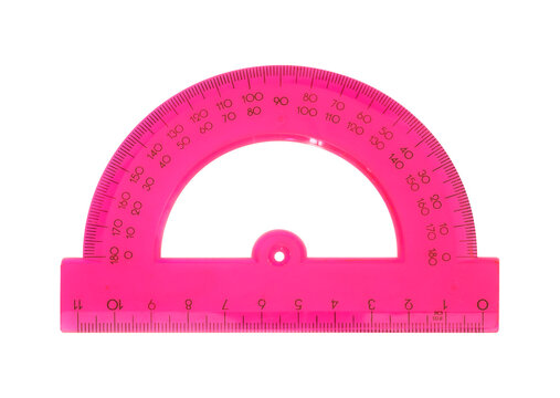 Pink protractor for measuring angle isolated on white background
