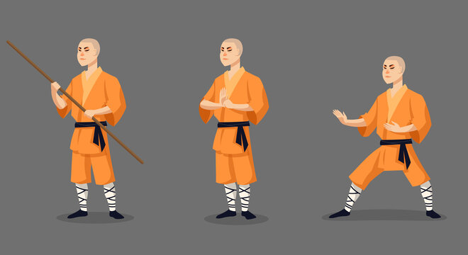 Shaolin monk in different poses. Male character in cartoon style.