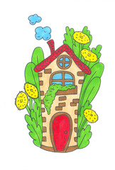 cartoon drawn by markers little house in the garden among the grass and dandelions. smoke comes from the chimney of the house