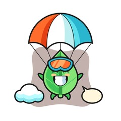 leaf mascot cartoon is skydiving with happy gesture