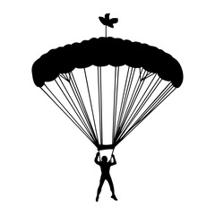 Parachutist in flight vector silhouette illustration isolated on white background.