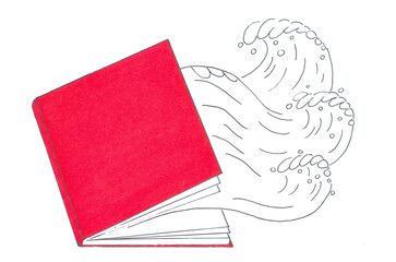 drawing by marketers red open book. a wave breaks out of the book. wave of inspiration