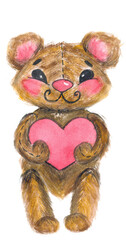 Handmade watercolor drawing of a fluffy teddy bear with a heart in its paws.