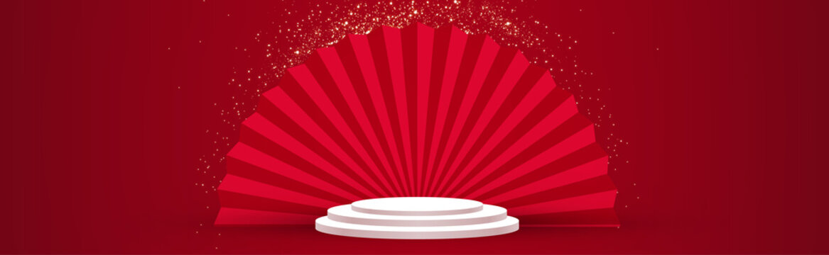3D podium. Round stage with chinese traditional elements. Asian promotion design pemplate. Chinese new year