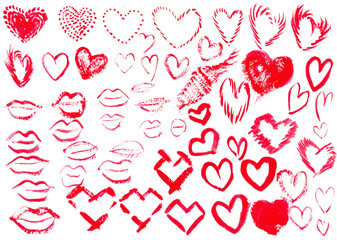 a set of hand drawn hearts and red lips of different shapes. valentine's day symbols