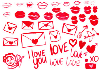 set of hand-drawn hearts and red lips, love envelopes, lettering love of different shapes. valentine's day symbols