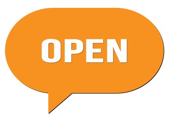 OPEN text written in an orange speech bubble
