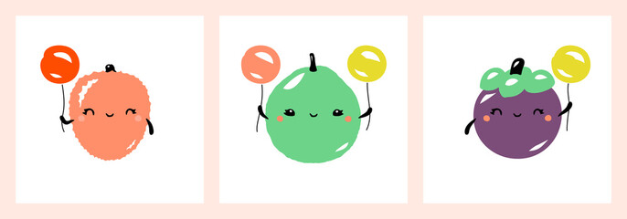 Kawaii characters of lychee, guava and mangosteen. Cute happy fruits with multicolored balloons. Vector illustration for greeting card, fabrics prints or poster