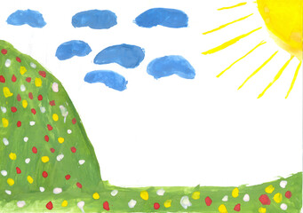 children's gouache hand drawn grass and flowers, mountains, sun and clouds. children's painting spring-summer glade.