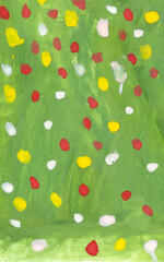 green watercolor field with yellow, red and white gouache strokes. hand-drawn