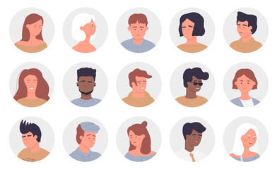 People portrait round avatars vector illustration set. Cartoon young and old man woman face userpics, multinational community, user customer characters smiling and laughing, winking isolated on white