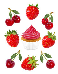 strawberry,cherry  and cake isolated on white background