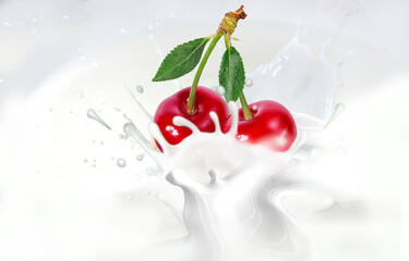 Fototapeta na wymiar Cherry is falling into milk. Splash isolated on white background