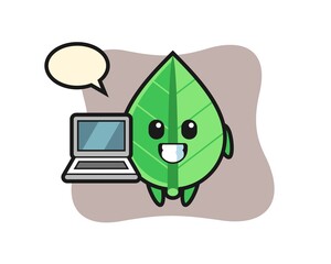 Mascot Illustration of leaf with a laptop