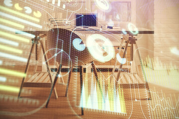 Fototapeta na wymiar Multi exposure of data theme drawing and office interior background. Concept of technology.
