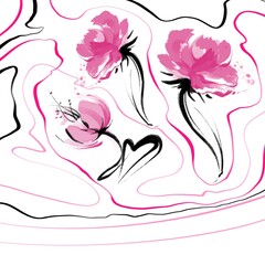 White background  with pink flowers and lines, spring floral.