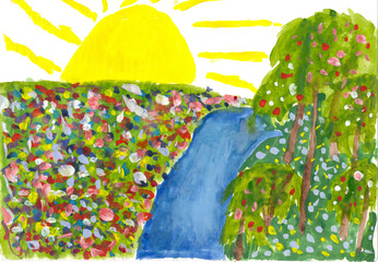 childrens gouache hand drawn grass and flowers hills, tree, river and sun at sunset. children's painting spring-summer meadow.