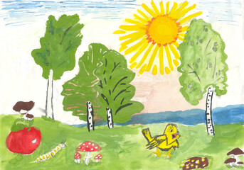 Summer childrens cartoon landscape. There is a river, birch trees in the field, the sun is shining in the sky. in the meadow there is a yellow bird, mushrooms, a caterpillar with a red apple.