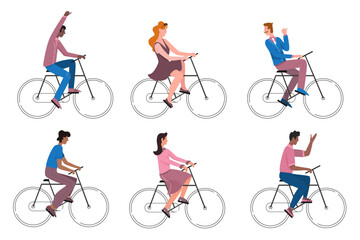 People cycling, outdoor healthy sports activity vector illustration set. Cartoon young active man woman cyclist character riding bicycle, bike sportsman driving cycle and waving isolated on white