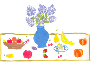 children's drawing still life in gouache. there is a vase with lilacs and various fruits on the table