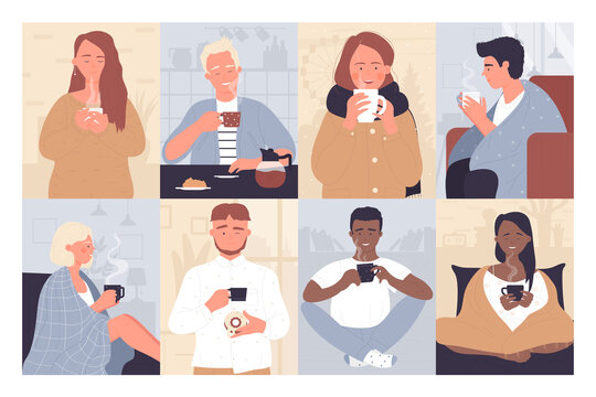 People drink hot drinks outdoors or at home vector illustration set. Cartoon young man woman characters drinking, holding cup of hot beverage and dessert, tea or coffee break collection background