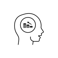 Buisness planning or growth money in head line icon in black. Human head with coins. Idea to earn money. Business investment increase. For: illustration, logo, mobile, app, web, ui, ux. Vector EPS 10