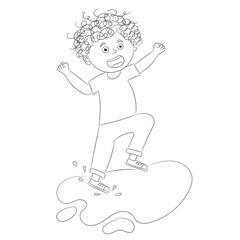 Sketch of a little naughty boy jumping in a puddle