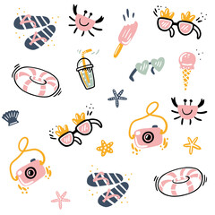 Summer seamless pattern with lemonade jar, flip flops, sunglasses, ice cream. Fruit repeating background. doodle, cartoon style. Vector bright print for fabric or wallpaper.