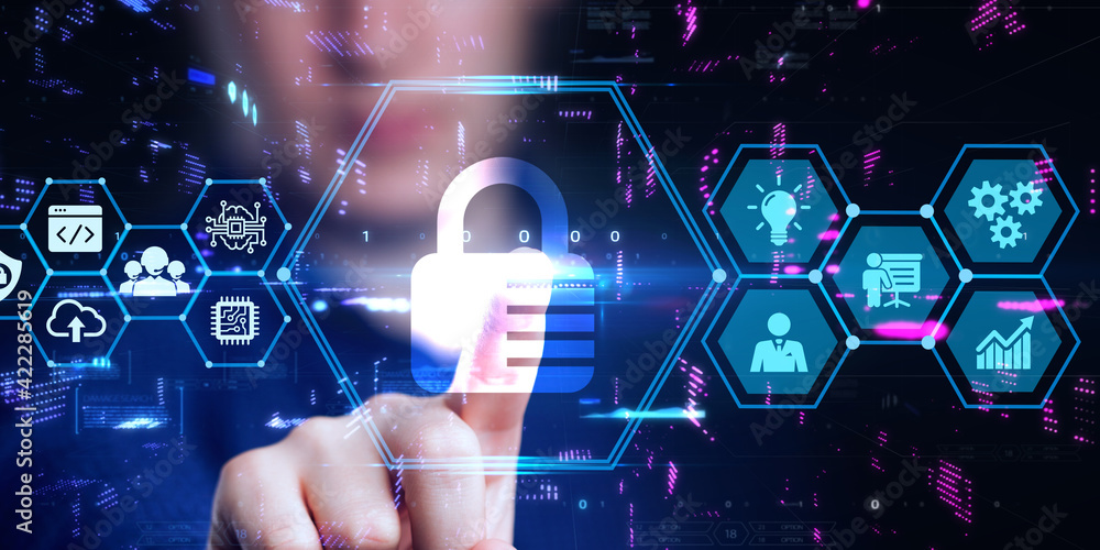 Poster cyber security data protection business technology privacy concept. young businessman select the ico