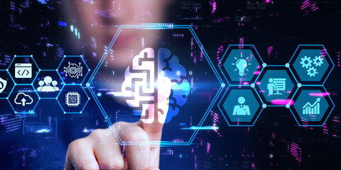 Artificial intelligence (AI), machine learning and modern computer technologies concepts. Business, Technology, Internet and network concept.