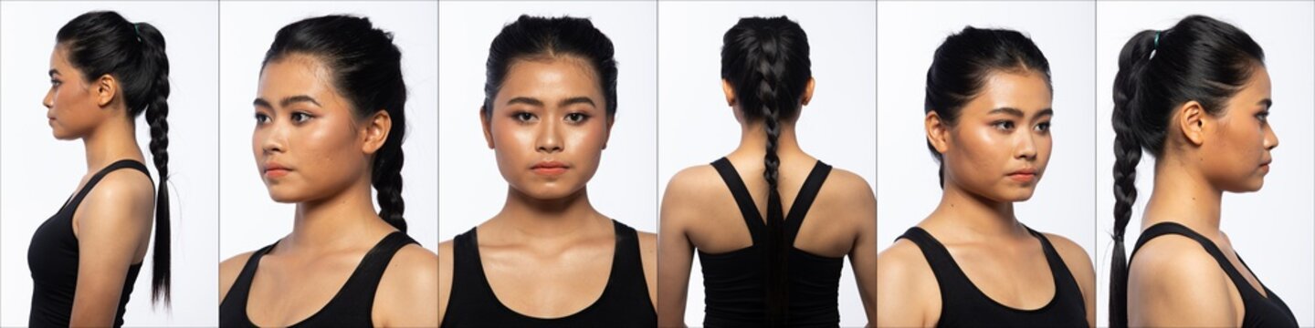 Asian Woman half body portrait turn rear side back view turn 360