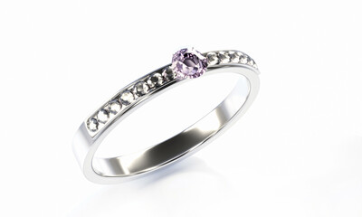 The large diamond is surrounded by many diamonds on the ring made of platinum gold placed on a gray background. Elegant wedding diamond ring for women.  3d rendering