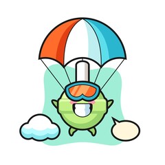 lollipop mascot cartoon is skydiving with happy gesture