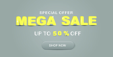 Special offer mega sale web banner up to 50% off. 3D yellow inscription on a gray  background. Vector illustration.