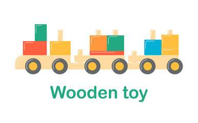 Children's wooden train. Educational toys for preschoolers for early childhood development. Vector illustration in cartoon style.