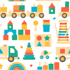 Children's wooden toys. Educational logic toys for preschoolers. Seamless pattern on a transparent background.